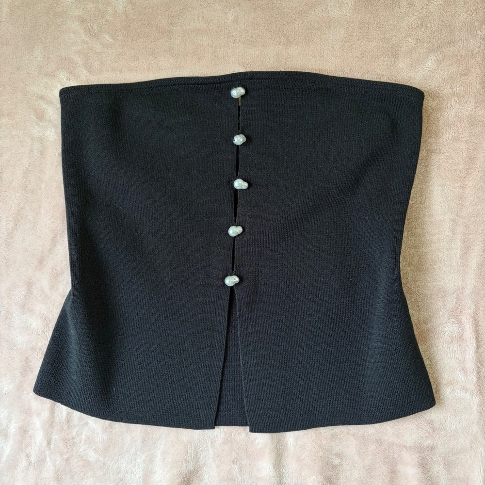 Wild Fable Black Knit Strapless Tube Top Pearl Button Front Small NWT
